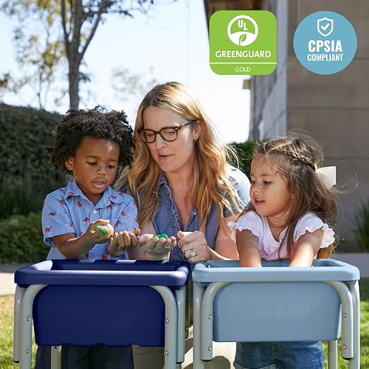 ECR4Kids 2-Station Sand and Water Adjustable Play Table, Sensory Bins, Navy/Powder Blue | Durable plastic/steel, GREENGUARD Gold Certified, 3-5 years, 80 lb capacity, adjustable legs, easy-lift lids, indoor/outdoor