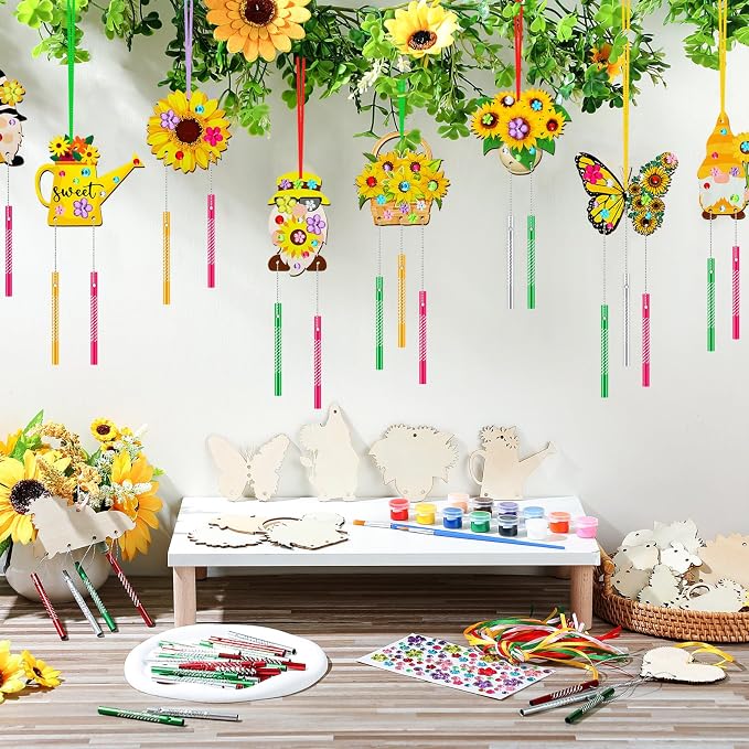 JellyArch 30 Pack Summer Crafts for Kids Wind Chime Making Kit DIY Set | Wooden Sunflower Butterfly Designs with Paints Brushes Stickers, Crafts for Classroom Summer Camp Party Activities