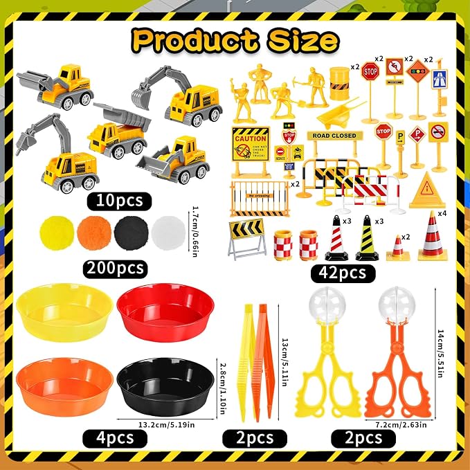 260Pcs Construction Sensory Bin Filler Construction Fine Motor Sensory Bin Items Pom Poms Vehicles Road Signs Worker Figures for Summer Counting Sorting Training Decor