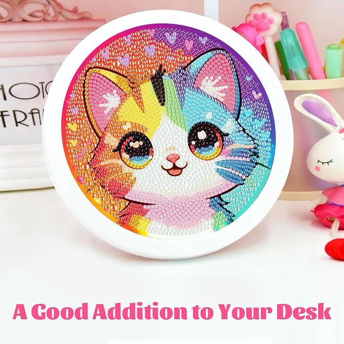Gemozaic Cat Diamond Art Kits for Kids Ages 4-8-12, Round Frame, 8 x 8 in | Cute Cat Diamond Art for Kids 6 10 12 Year Old, DIY Easy Kid Big Gem Painting, Animal Arts and Crafts for Girl Birthday Gift