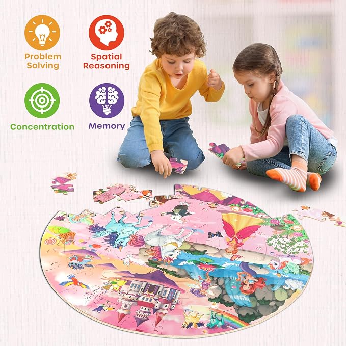 SYNARRY Unicorn Princess Mermaid Fairy Floor Puzzle for Kids Ages 3-5, Large 70 Piece Wooden Puzzle for Kids Ages 4-6, Preschool Toys Gifts for 3 4 5 6 7 8 Years Old Boys Girls Children | Large 70-Piece Puzzle for Kids Ages 4-6, Unicorn Princess Mermai...