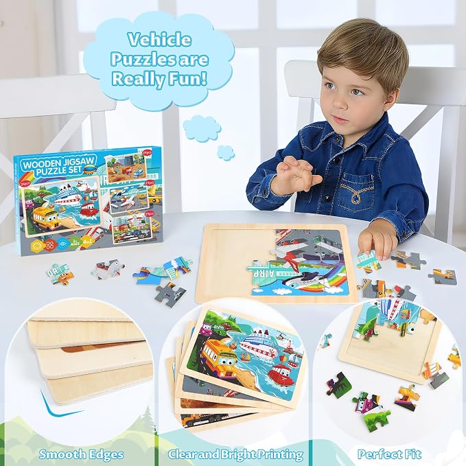 Wooden Puzzles for Kids Ages 3-5, 4 Packs Puzzles for Kids Ages 4-6,Vehicle | 24-Piece, Truck, Vehicle, Wood Jigsaw Puzzles for Toddlers 3-5,Preschool Educational Toys, Gifts for Children Ages 4-8 Boys