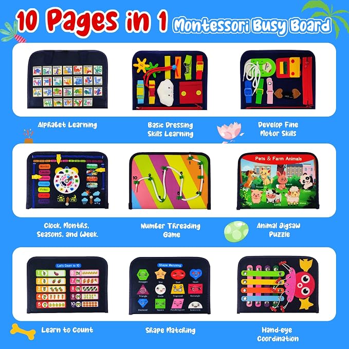 TenFans Busy Board for Toddlers 3+ Years Old, Montessori Sensory Toy | 8-Layer Felt, Educational Learning Fine Motor Skills Activity Board, Travel Toys for Car Airplane, Gifts for Boys Girls
