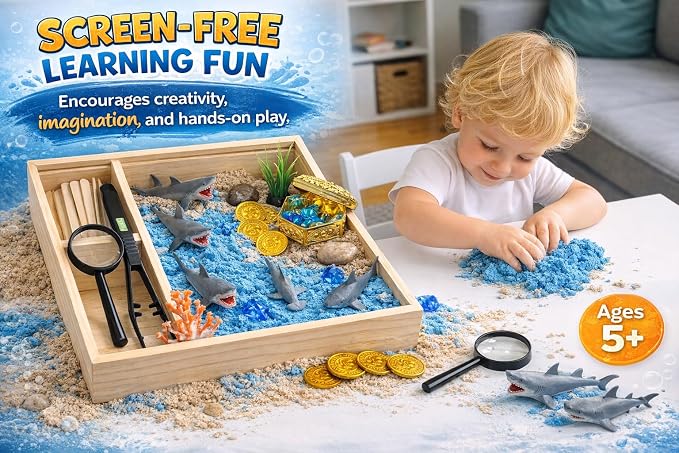 Shark Sensory Bin Kit for Kids - Ocean Sensory Play Kit with Wooden Storage Box, Moldable Sand, Sharks & Treasure Chest - Montessori STEM Learning Toy, Shark Gifts for Boys & Girls Ages 4-8