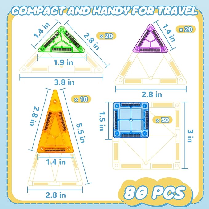 cossy Mini Magnetic Tiles, 80 PCS Magnet Tiles Travel Toys with Iron Box, Travel Magnetic Tiles for Restaurant, Car & Plane Play, Toys for 3 4 5 6 7 8 Year Old Boy and Girl