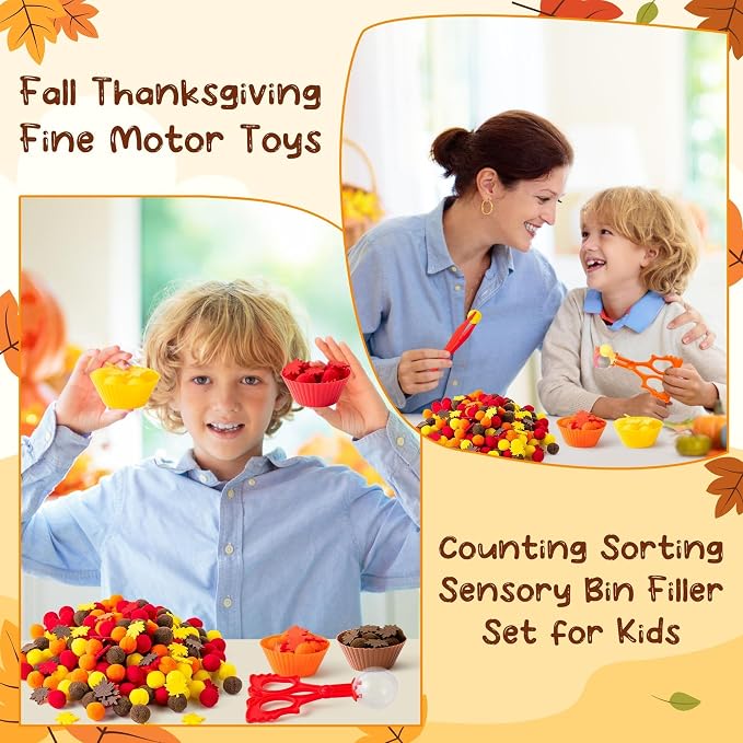 EZdhuawuse Fall Sensory Bin Fillers - 294P Fall Thanksgiving Fine Motor Toys Counting Sorting Set for Kids Autumn Counting Toy with Felt Maple Leaf Pom Poms Cup Clip for Preschool Education Activities