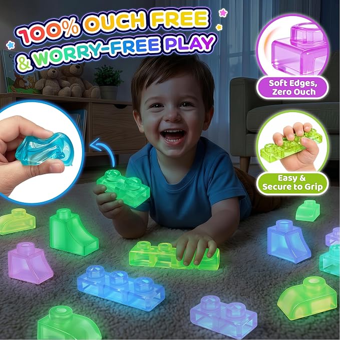 57PCS Soft Glow in The Dark Building Blocks for Toddlers, Dream City | Preschool Educational Creative Play, Montessori Squeezable, Stretchable Early Learning Construction Playset, Puzzle Blocks