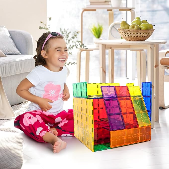 PicassoTiles 28 Piece Large Magnetic Tiles, Stabilizer STEM Set for Kids 3+ | Doubles as foundation, column, pillar support, extra strong magnets, vivid clear colors, safe creative preschool play time