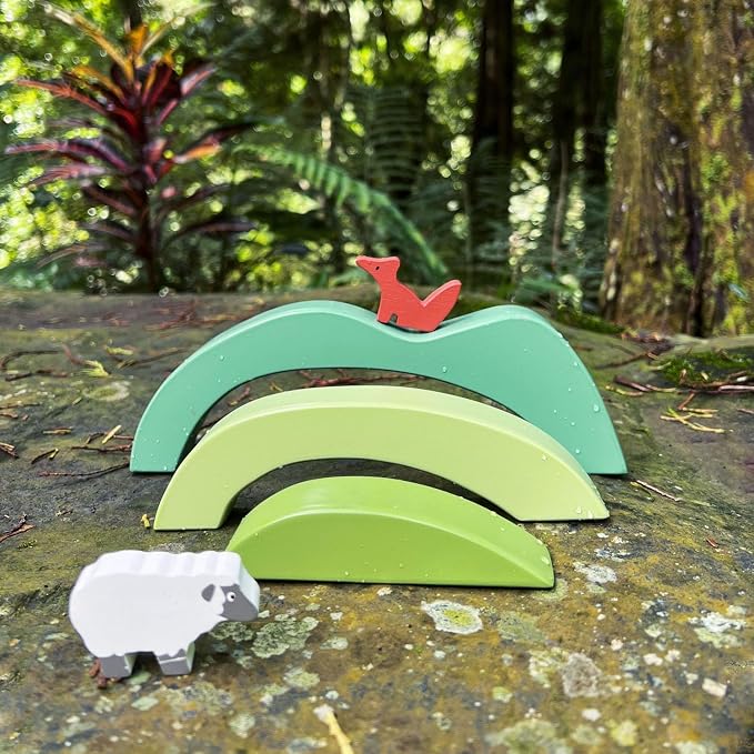 Tender Leaf Toys - Green Hills View - Wooden Stacking, Building Toy Stacker, Blocks - Open-Ended Toy Set with Green Hills View for Inspires Creative and Imaginative Roleplay - Age 3+