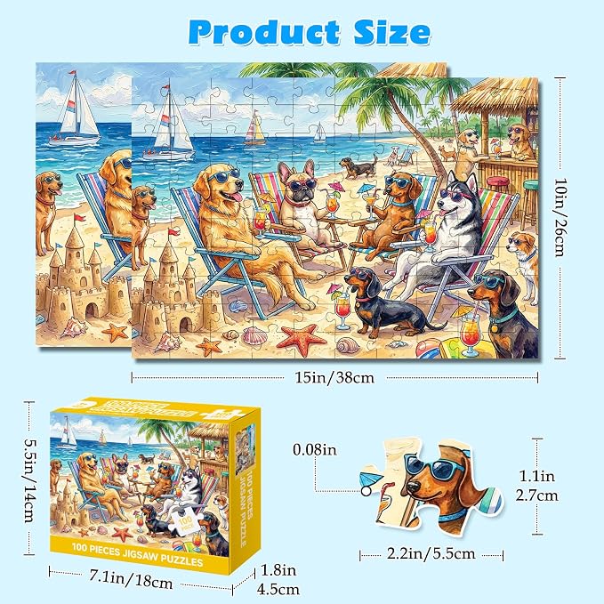 4-Pack 100 Piece Puzzles for Kids Ages 4-6 6-8 8-10, Funny Dogs 100 Piece Puzzles for Seniors Adults, Cute Animals Large Piece Kids Puzzles 100 Pieces for Seniors Adults Family Game Gifts (15x10 in)