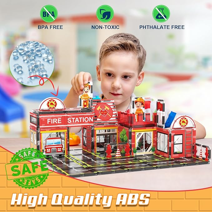 AFUNX Fire Station Magnetic Tiles Building Set for Kids Ages 3+ | Strong Magnets, Compatible with Major Magnetic Tile Brands,Rescue Pretend Play, Creative Building,Gift Ready