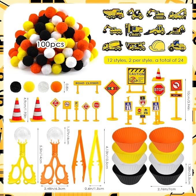150 Pcs Construction Sensory Bin Items Construction Counting Sorting Sensory Bin Filler Fine Motor Vehicles Road Signs Counts for Easter Spring Summer Sorting Counti
