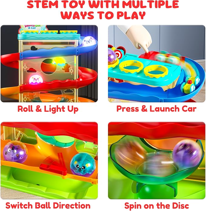 2-in-1 Ball Drop & Car Ramp Race Track Montessori Toy for Toddlers Ages 1-5 | Hammer Rolling Ball, Launch and Race Car-Cause and Effect Sensory STEM Learning Toys for 1-5 Year Old Boys & Girls