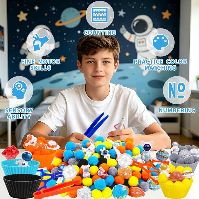 252PCS Space Sensory Bin Fillers Outer Space Fine Motor Sensory Bin Items Includes Pom Poms Tweezers Planet Astronauts Resin for Counting Sorting Training