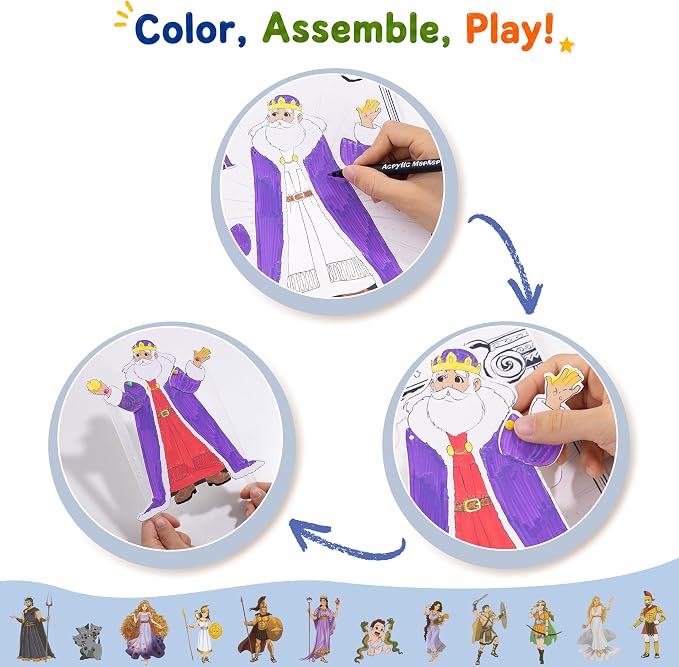 Greek Myths DIY Craft Kit for Kids Ages 5–10, Articulated Paper Puppets to Color, Build & Play, Bring Ancient Legends to Life, Fun Educational Gift (Nighttime Magic)