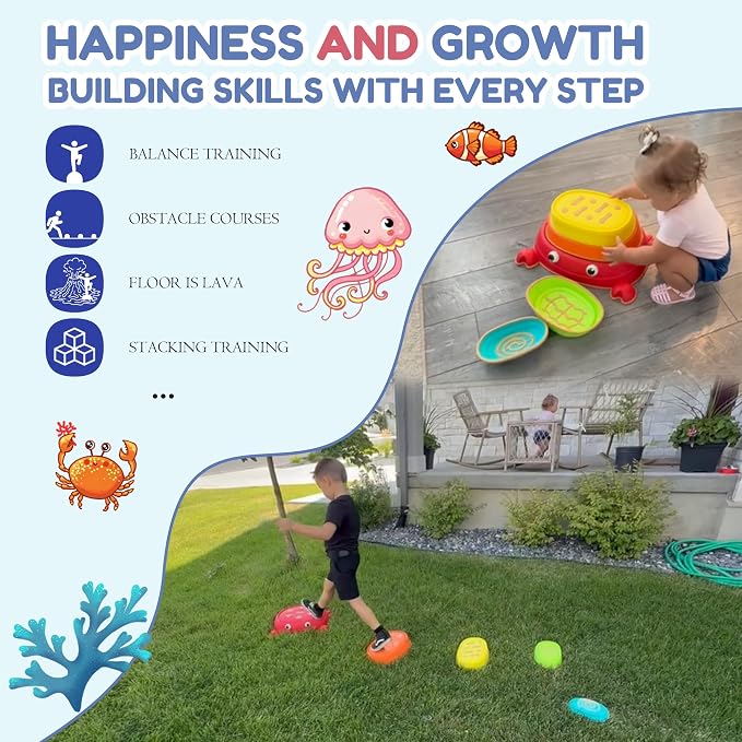 Balance Stepping Stones for Kids, Non-Slip Toddlers Sensory Toys Outdoor or Indoor Play, Promoting Motor Skills and Confidence, Coordination Toys for Children Age 3 4 5 6 7+（Crab）