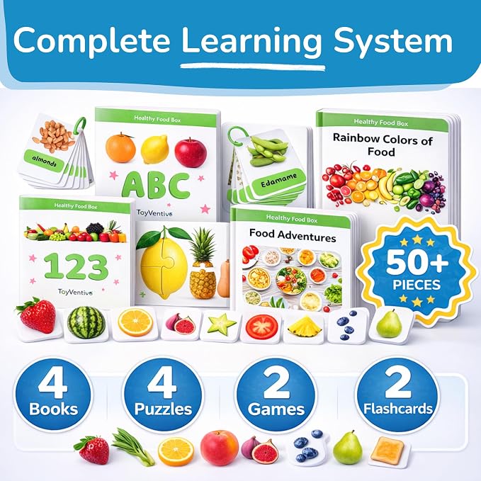 TOYVENTIVE Preschool Learning Activities – Montessori Toddler Toys with Educational Flashcards, Matching Games and Food-Themed Activity Cards for Early Skills, Visual Recognition – Ages 1 & 2