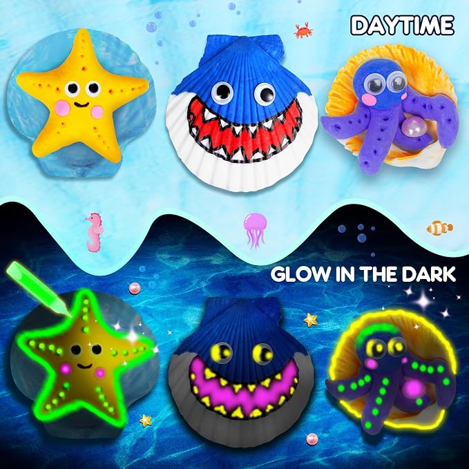 EPUMP Sea Shell Painting Kit for Kids - Glow in the Dark Beach Toys and Summer Crafts, Arts and Crafts Kit Creative DIY Indoor Outdoor Activity Toy Birthday Gift for Boys Girls Age 6 7 8 9 10 11 12+