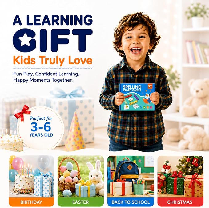 Spelling Games for Kids Ages 3-6, CVC Word Matching Letter Game, Phonics Learning Toy with 54 Flash Cards for Preschool Boys Girls