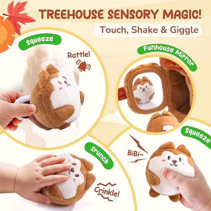 JoyCat Baby Toys 6-12 Months, Soft Treehouse 5 Sensory Squirrels, Rattle | Soft treehouse with 5 sensory squirrels offers rattle, crinkle, squeak and mirror play for baby exploration and learning.