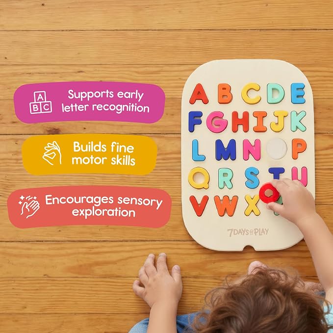 Uppercase Alphabet Puzzle for Kids, Sensory Bin Insert for Sensory Tables, Silicone Letters, Wooden Fine Motor Learning Toy by 7 Days of Play