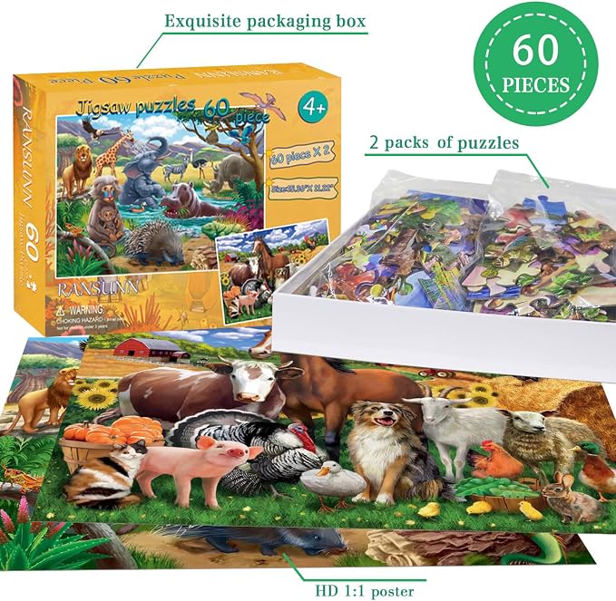 RANSUNN Puzzles for Kids Ages 4-6 - Farm & Wild Animal | 2 Packs 60 Piece Puzzles for Kids Ages 3-5 6-8,Toddler Children Learning Educational Jigsaw Puzzles Toys for Boys and Girls