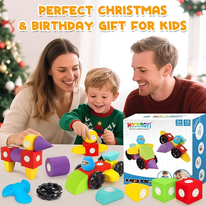 Hodurgyi 15 PCS Magnetic Foam Blocks, STEM Preschool Toys for Children, Magnetic Building Blocks for Toddlers, Kids Bath Toys and Montessori Sensory Toys, Birthday for Boys & Girls Age 3 4 5 6+