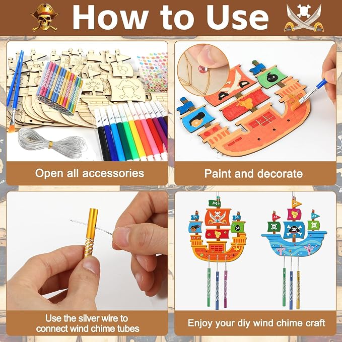 gisgfim 16 Pack Pirates Ship Wind Chime Kits for Kids Make Your Own Coloring Wooden DIY Arts and Crafts for Pirates Party Activities Decorations Supplies Favors School Classroom Girls Boys