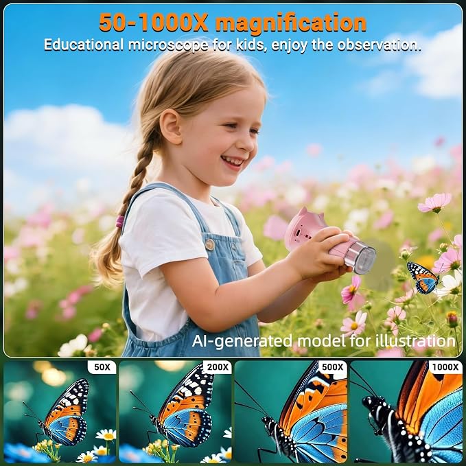 Pocket Kids Microscope, 1000X Handheld Microscope for Kids w/2.4'' Screen, Photo Video Mini Portable Microscopes Science Edu Digiscope, Christmas Birthday Gifts Ideas for Kids Ages 3-12