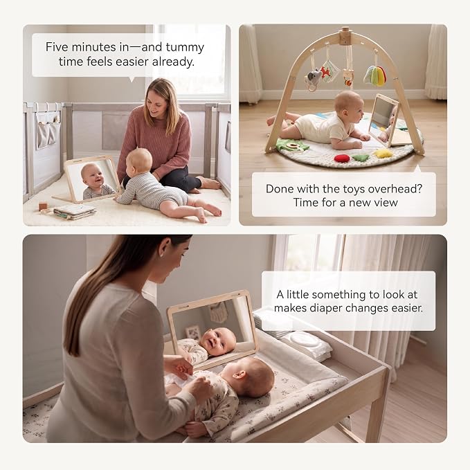 Tummy Time Mirror Toys, Baby Mirror Tummy Time Play Set for 0-6 Months | Large Baby-Safe Mirror, Adjustable Infant Mirror Toy with Black and White High Contrast Cards for Newborn Visual Stimulation