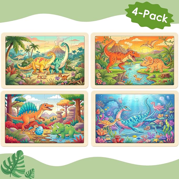 Puzzles for Kids Ages 4-6, 4-Pack 24-Piece Wooden Kids Puzzles | Dinosaur Adventure Themes | Educational Puzzles for Kids Ages 3-5, Age-Appropriate Learning Toys, Ages 3+
