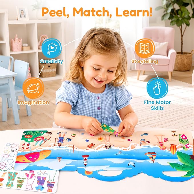 JoyCat Reusable Dress Up Sticker Books, 3-Pack, City Seaside Dreams | 180+ washable stickers, kids car activities, toddler activity, preschool road trip toy, birthday gift for girls ages 3-5