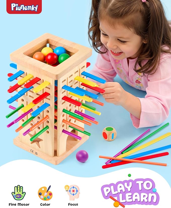 Montessori Wooden Board Game for Kids 3–8 Fine Motor Skills Toy Learning | 21 sticks & 21 strips, 2 play modes, cognitive growth & color matching — CPC-certified rubberwood, safe gift boys girls 3–8