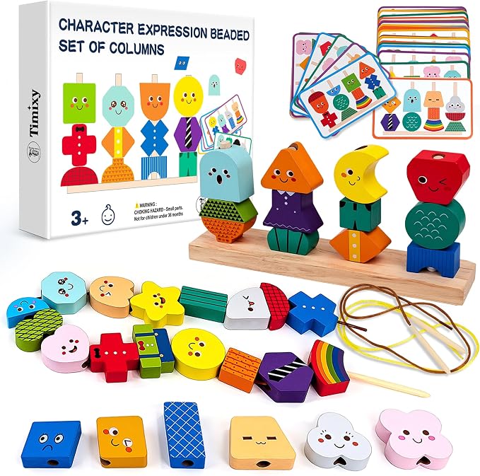 Montessori Wooden Stacking Lacing Beads Toy, STEM Sequencing Ages 3+