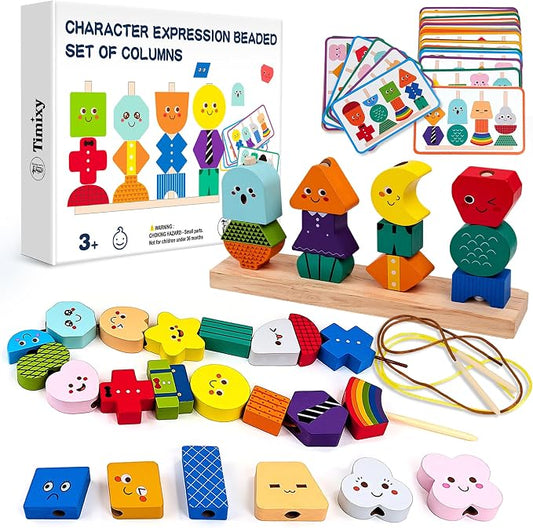 Montessori Wooden Stacking Lacing Beads Toy, STEM Sequencing Ages 3+