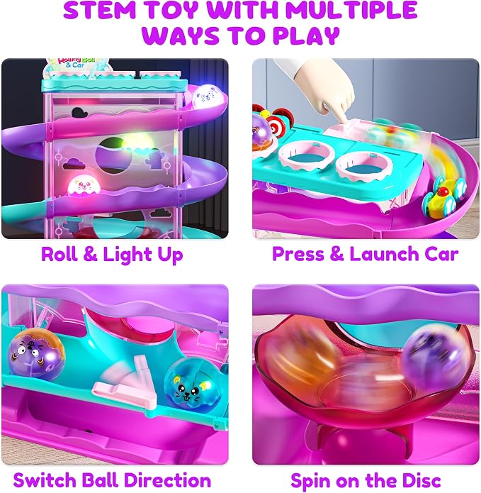2-in-1 Ball Drop & Car Ramp Race Track Montessori Toy for Toddlers Ages 1-5 | Hammer Rolling Ball, Launch and Race Car-Cause and Effect Sensory STEM Learning Toys for 1-5 Year Old Boys & Girls
