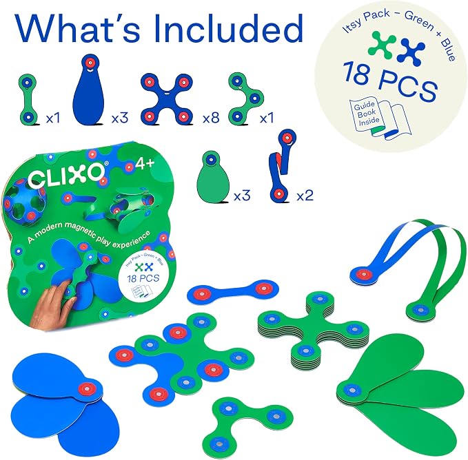 Clixo Itsy Pack, Flexible STEM Magnetic Travel Toys (18 Pc, 4+, Green/Blue) | Compact open ended toys for screen-free play. Airplane activities and kids road trip games. Easy to clean magnetic STEM sets.