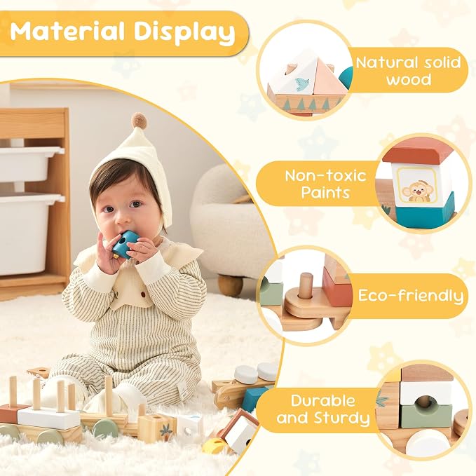 FReniland Wooden Montessori Train Set, 18PCS Wooden Building Blocks Train Toy for Toddlers 1-3, Stacking Learning Toy, Fine Motor Skills Preschool Educational Gift for Boys Girls