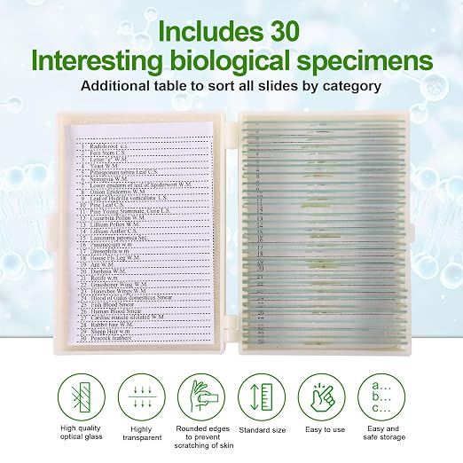 30 Microscope Slides with specimens, Plants, Insects, Animal Cell Samples for use in Biological Science Labs for Children, Students and homeschools