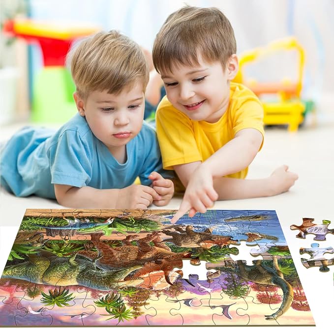 Dinosaur Puzzles for Kids Ages 6-8 4-6 Year Old - World of Huge Dinosaurs | 2 Packs 60 Pieces Jigsaw Puzzle for Toddler Children Learning Educational Puzzles Toys for Boys and Girls.