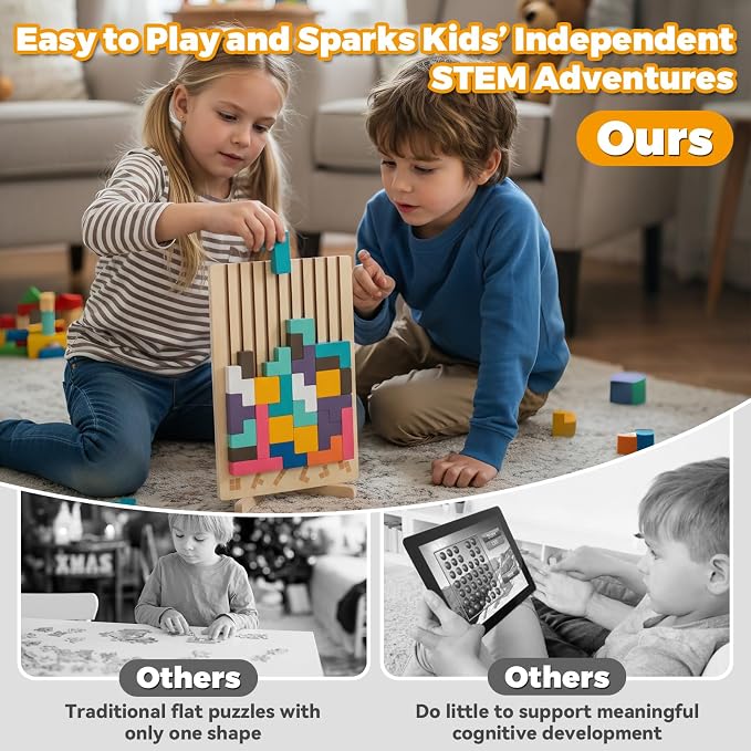 Montessori Wooden Puzzle Toy for Toddlers, 3D Wooden Russian Block Stacking Board, Brain Teaser Montessori Toys for 3-6 Year Old Boys & Girls, Educational Wooden Toys for Preschool Learning