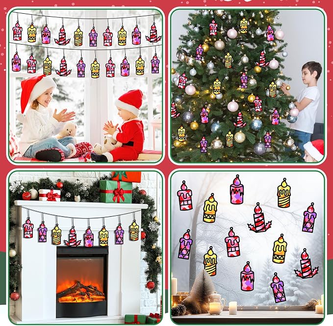 Qyeahkj 36 Set Winter Christmas Candle Suncatchers Crafts Kit Xmas Religion DIY Colorful Window Tissue Paper Craft Christian Holiday Hanging Ornaments Window Art Decor for Christmas Winter Home Gift