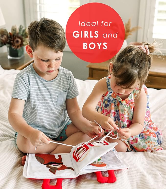 Curious Columbus My Big Day Quiet Book, Fabric Busy Book for Travel (Red) | 10 Interactive Pages, Color Matching, Counting, Buttons, Zippers, Buckles and Lacing, Book Zips Closed with Carry Handles