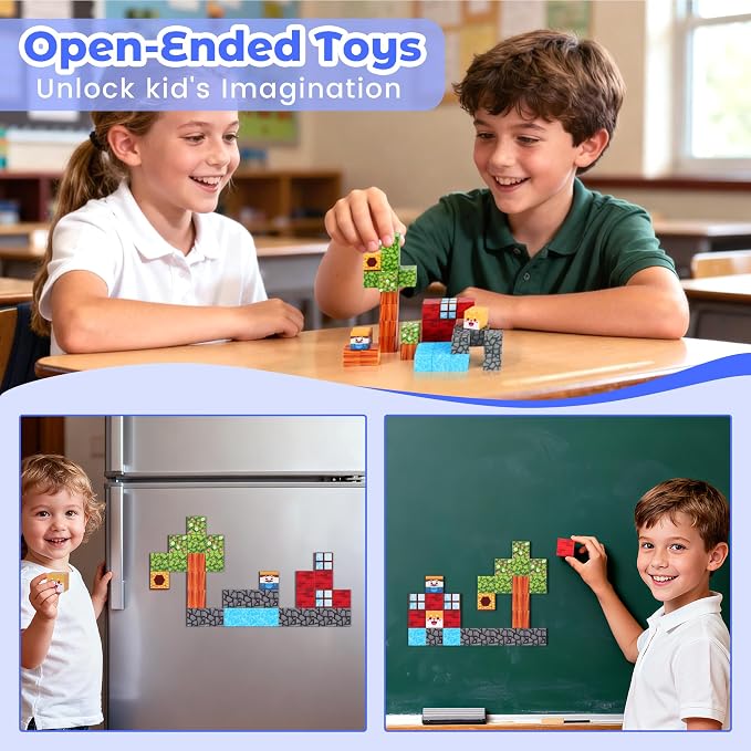 SYSKENI 35PCS Mini Farm Magnetic Blocks Travel Set for Kids Ages 3-5 4-8 | Magnetic Blocks Travel Toys Portable Magnet Cubes STEM Learning Toys with Portable Iron Storage Box Christmas Birthday Gifts