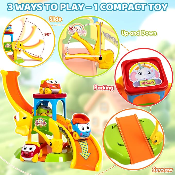 Marstone 1-2 Year Old Toddler Race Track Toy with Animal Push Cars for Boys | Educational Elephant Slide for 12-18 Months Girls, Learning Birthday Gift Toy for Ages 1-3