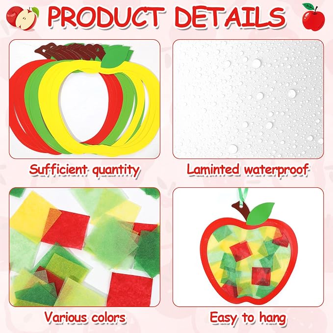 Qyeahkj 36 Set Fall Apple Suncatchers Crafts for Kids DIY Autumn Window Tissue Paper Craft Kit Hanging Decor for Back to School Home Activity Art Project Birthday Party Favor Gift