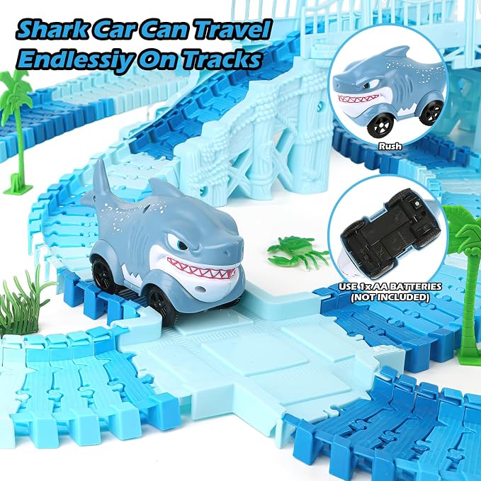 Coroiesty 264 PCS Shark Race Tracks for Kids Toys, Flexible DIY Track Set | Glow in The Dark Magic Toy Set, 2 Shark Cars Track, Birthday Gift for Age 3-9 Boys Toddler Girls
