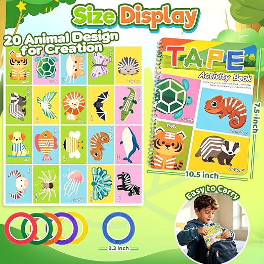 Tape Activity Book for Kids Ages 3-5, Travel Activities for Toddlers | Airplane Essential Road Trip Toys for Kid 4-6 Preschool Classroom Must Have Supplies Quiet Car Ride Toys Gifts for Girls Boys
