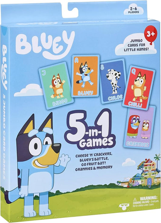 Bluey 5-in-1 Card Game Set, Jumbo-Sized 53-Deck Toddler Game, Multi-Color Interactive Play Card Games for Kids of Ages 3+ | Play Snap, Battle, Go Fish, Old Maid & Memory; jumbo-sized family card game for kids ages 3+