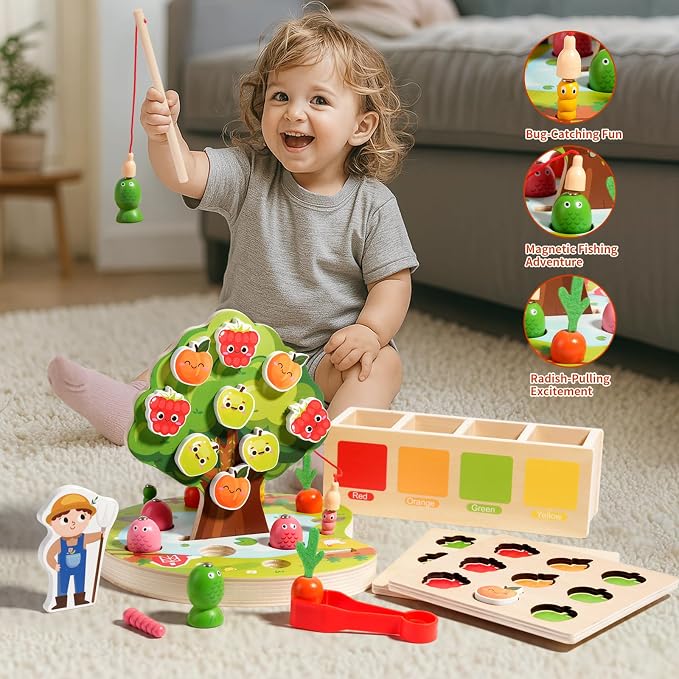 INIFEIDALA Montessori Toys for 3 4 5 Year Olds | Birthday Gifts for Kids | Wooden Educational Toddler Toys, Shape Sorting, Carrot Harvest & Magnetic Fishing Game – Fine Motor Skills Development